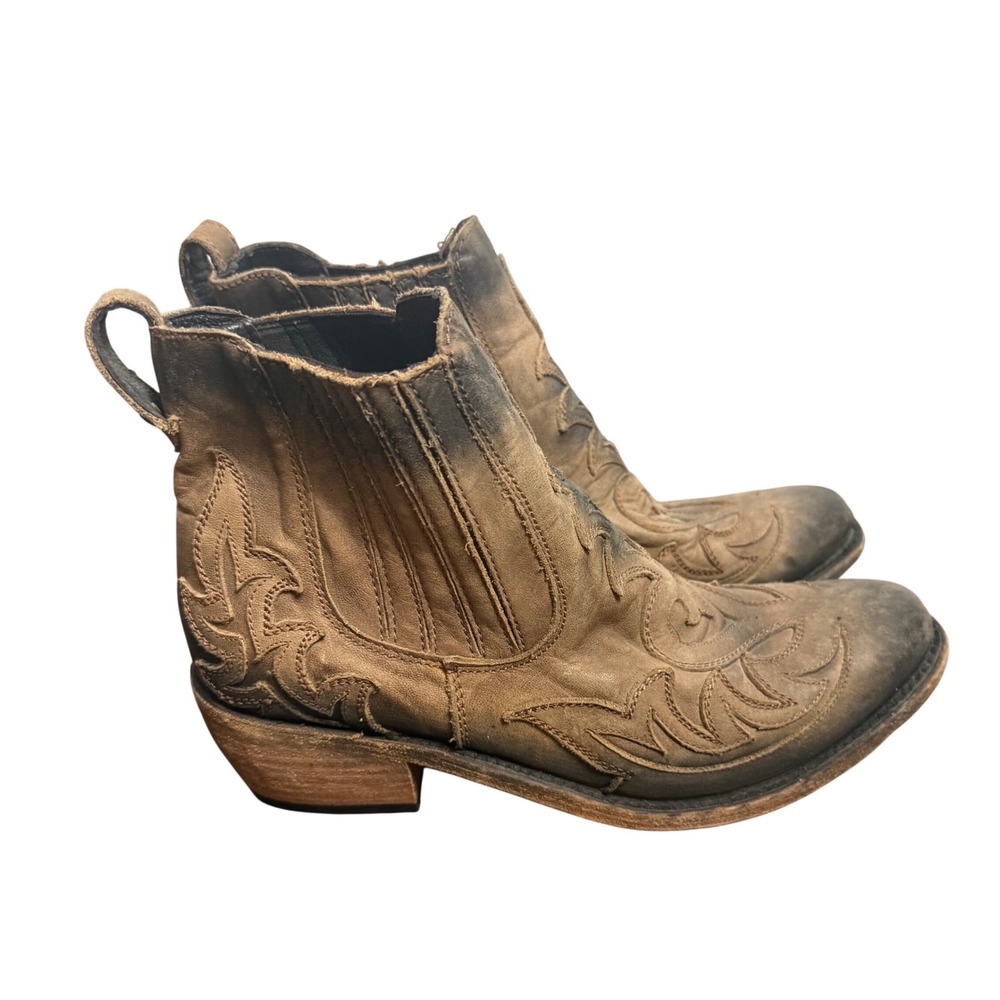 Liberty Black Leather Western Ankle Boots Distressed Laser Cut Brown 10‎ 1/2